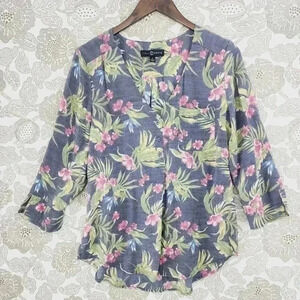 Fred David Floral V neck 3/4 Sleeve Blouse M